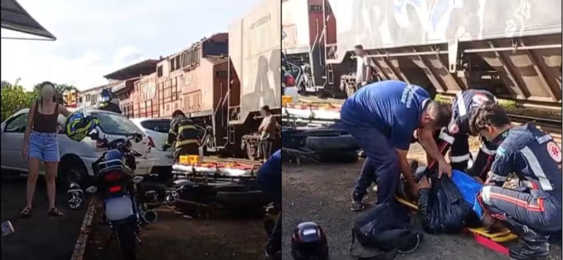 Trem arrasta carro e moto e deixa três pessoas com ferimentos leves em Catanduva (SP) — Foto: Reprodução 